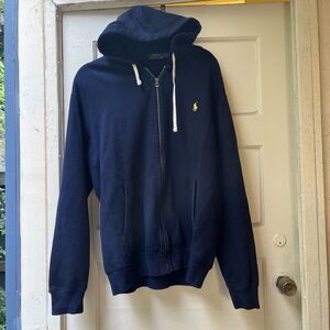 Polo Ralph Lauren Mens Hoodie L Navy Blue Zip Logo Pockets Preppy Casual Classic